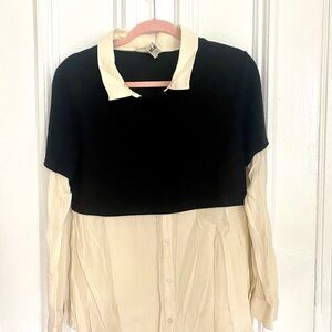 DREW Black and Cream Blouse with Sweater Top and Button Down Bottom